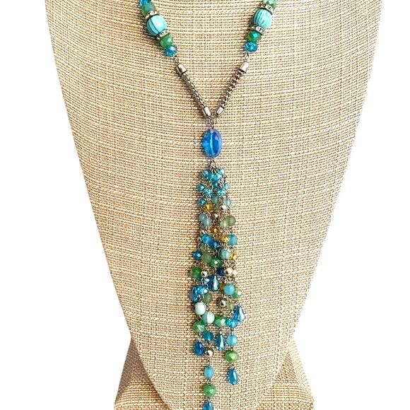 Boho Beaded Necklace Silvertone Chain & Blue Glass Beads w/ Tassel Beachy Chic - Picture 2 of 5